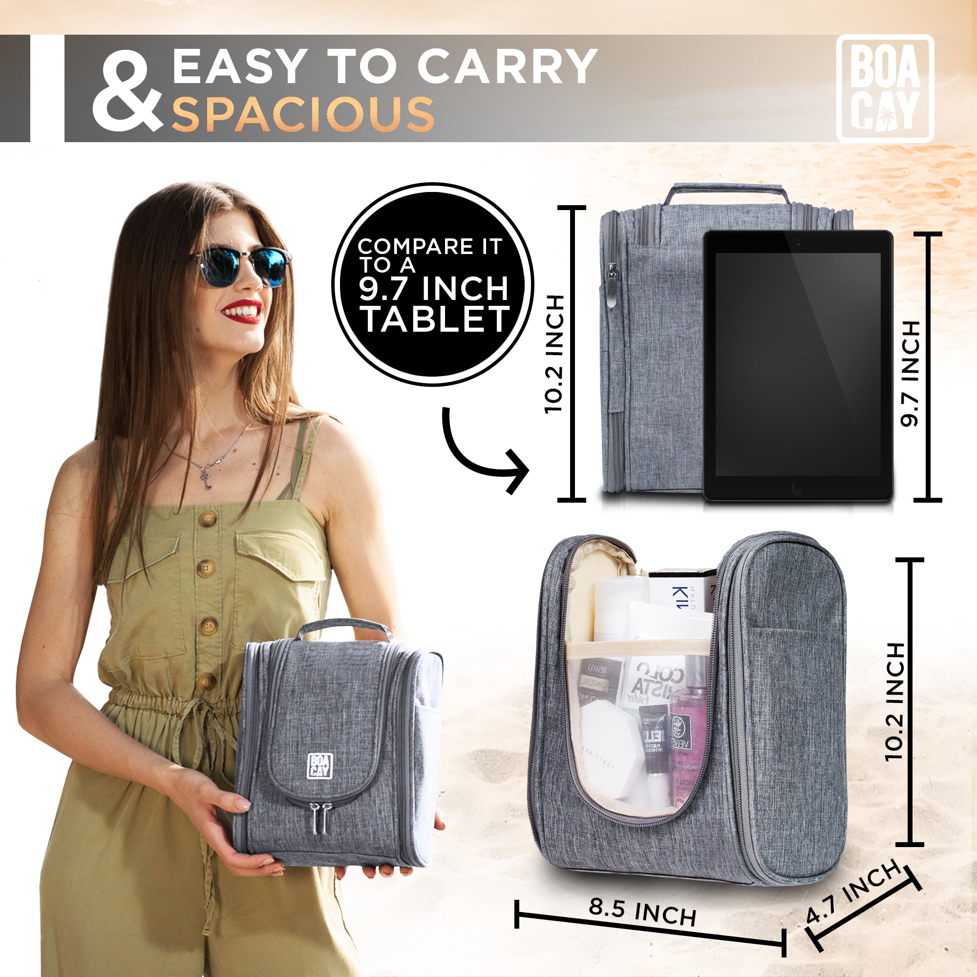 BOACAY Small Gray Hanging Travel Toiletry Bag for Women and Men