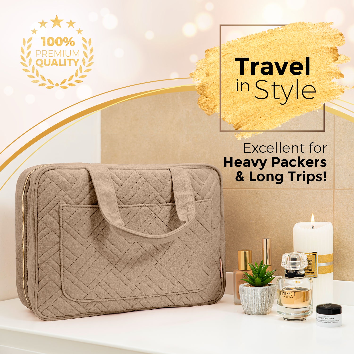 BOACAY Small Camel Brown Travel Cosmetic & Makeup Bag